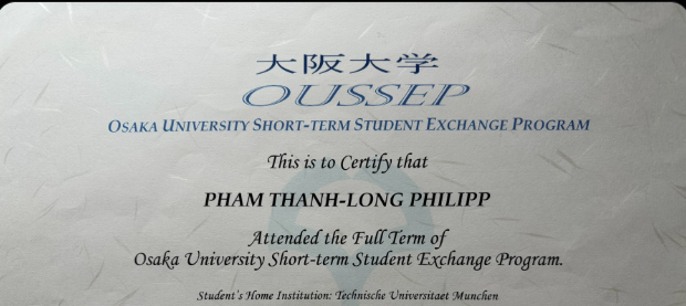 Zertifikat der Osaka University für das Austauschprogramm von Philipp Pham